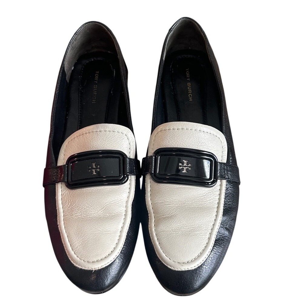 Tory Burch Georgia 154931 Colorblock Leather Loafers Black Ivory Size 8